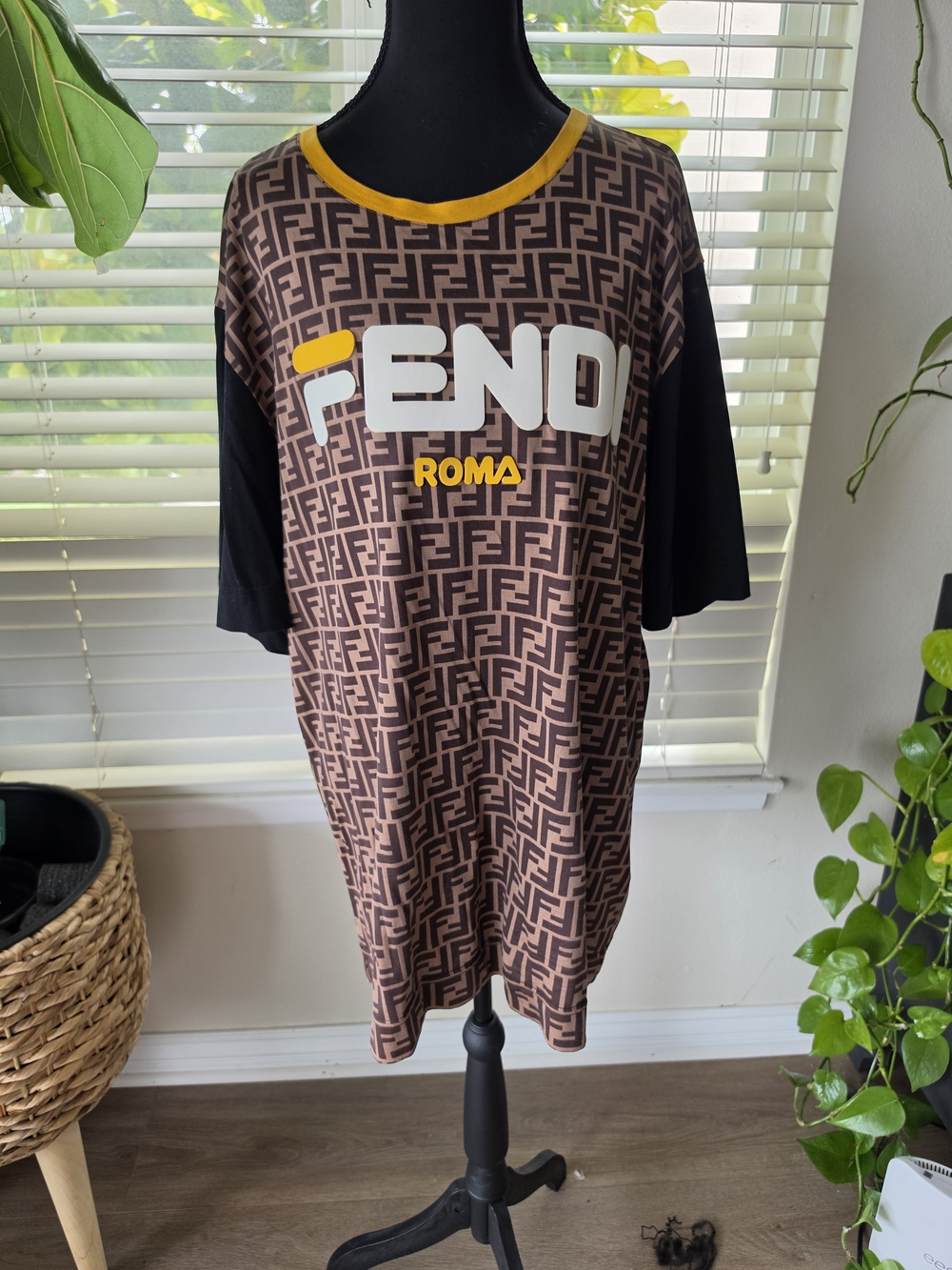 Fendi Roma Logo Monogram Tee - Brown & Black with Yellow Trim